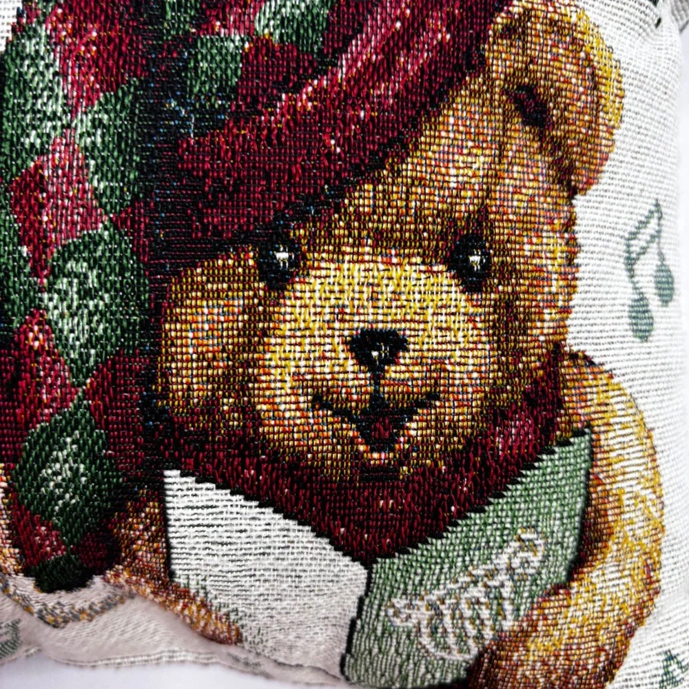Vintage Christmas Teddy Bear Tapestry‎ Throw Pillow Woven Caroling Bears 12x9